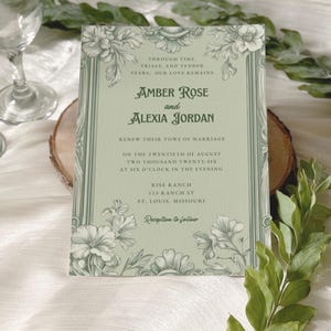 Convite para Renovação de Votos – Convite de Casamento Vitoriano Verde-Sálvia, Modelo Canva 5x7, Fácil de Editar, Vintage, 2º Casamento, Aniversário MMV002