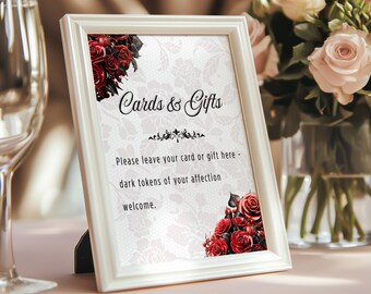 Panneau de table cadeau de mariage gothique – Romantique gothique sombre | PDF imprimable de roses rouges et noires de 20 x 10 po. | Décoration de mariage victorienne MMV001