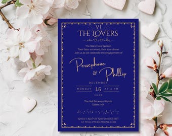 May include: A navy blue engagement announcement with gold lettering and a decorative border. The text reads "VI THE LOVERS" and announces the engagement of Persephone & Phillip, with the date December 15, 2026. Floral and heart-shaped decorations surround the card.
