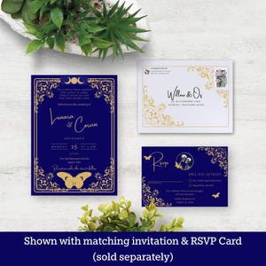 May include: A navy blue wedding invitation and RSVP card set with gold floral and butterfly accents. The invitation includes the names Lunara & Corvin, date, and location. The RSVP card has a butterfly and skull design.