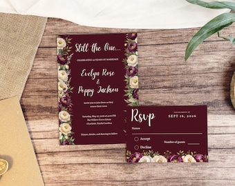 Elegant Vow Renewal Invitation with RSVP — Moody Floral Canva Template, Burgundy Anniversary Invite, Editable Printable Digital Download M01