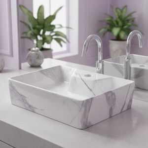 Rectangular Ceramic Vessel Sink for Bathroom - Countertop Vanity Basin with Marble Pattern | Viva Series