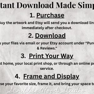 Pu&ograve; includere: Una guida al download digitale con quattro passaggi per acquistare, scaricare, stampare e incorniciare illustrazioni digitali. Il testo recita "Download istantaneo reso semplice!" seguito da passaggi numerati: 1. Acquisto, 2. Download, 3. Stampa a modo tuo, e 4. Incornicia ed esponi.