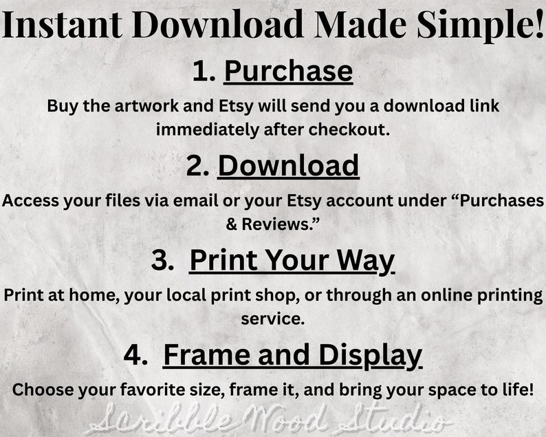 Pu&ograve; includere: Una guida al download digitale con quattro passaggi per acquistare, scaricare, stampare e incorniciare illustrazioni digitali. Il testo recita "Download istantaneo reso semplice!" seguito da passaggi numerati: 1. Acquisto, 2. Download, 3. Stampa a modo tuo, e 4. Incornicia ed esponi.
