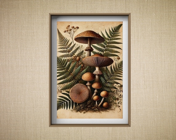 Vintage Mushroom Wall Art Print, Botanical Fungi and Ferns Illustration, Dark Academia Cottagecore Decor, Instant Download Printable Art