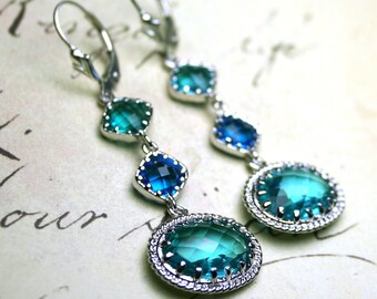 Jeweled Drop Earrings in Ocean Blues - Faceted Jewels with Sterling Silver Lever Backs in Aqua and Capri Blue - Gothic Style -Free Shipping