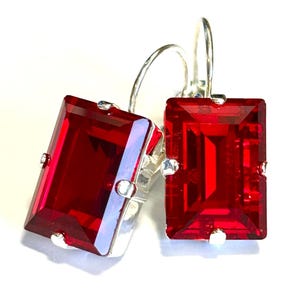 Baguette Crystal Lever Back Earrings In Red - Light Siam Red Crystal 14mm Rectangle Jewels - Silver Lever Back Setting - Handmade