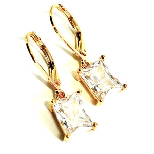 Emerald Cut Clear CZ Earrings - -Minimalist - Gold Lever Backs - Clear Crystal Cubic Zirconia Rectangular Drop Earrings - Handmade