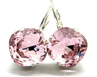 Pale Pink Cushion Cut Crystal Lever Back Earrings - 12mm Square Crystal Stones In Light Rose Pink - Silver Lever Backs - Handmade