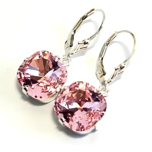 Light Pink Crystal Lever Back Earrings - Pretty Square Cushion Cut Crystal Stones In Light Rose - Sterling Silver Lever Backs - Handmade