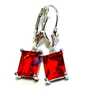 Emerald Cut Crystal Earrings In Bright Red - Sterling Silver Fleur-de-Lis Lever Backs - Light Siam Red Crystal Drops - Handmade