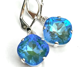 New- Mystic Blue Cushion Cut Crystal Lever Back Earrings - Aqua Blue Square Cut Silver Earrings - Sterling Silver Lever Backs -Free Shipping