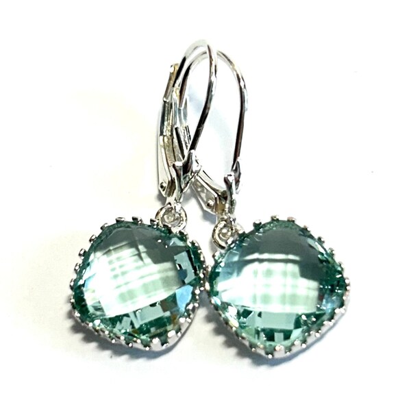 Prasiolite Flat Cushion Cut Crystal Earrings - Sterling Silver Lever Backs - Green Amethyst Square Crown Bezel Set Crystal - Free Shipping