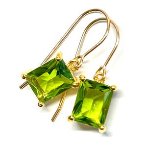Peridot Emerald Cut Crystal Earrings - Bright Green Crystal Drops - 14K Gold Filled Sterling Silver French Ear Wires -  Handmade