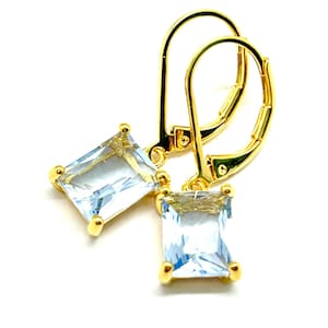 Pale Aqua Emerald Cut Crystal Lever Earrings - Light Sheer Blue Rectangle Drops - 14K Gold Plated Lever Backs - Handmade In SoCal