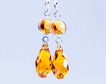 Vintage Swarovski Crystal Briolette Earrings In Amber Topaz - OOAK - Golden Topaz Crystal Drops -Sterling Silver Lever Backs - Free Shipping