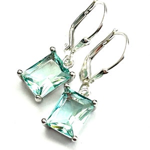 Emerald Cut Crystal Earrings In Prasiolite - Sterling Silver Teardrop Lever Backs - Pale Green Rectangle Crystal Drops - Handmade In SoCal