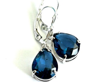 Sapphire Blue Teardrop Crystal Earrings - Dark Blue Pear Shaped Crystal Drops - Sterling Silver Fleur-de-Lis Lever Backs - Handmade
