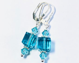 Vintage Swarovski Crystal Cube Earrings In Light Turquoise Blue - OOAK - The Chantal Earrings - Sterling Silver Lever Backs -Free Shipping