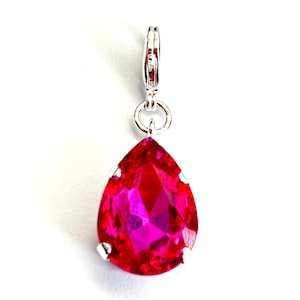 Hot Pink Crystal Teardrop Bag Charm - Necklace Enhancer - Pear Shaped Fuchsia Crystal Clip-On Charm In Silver - Zipper Pull - Free Shipping