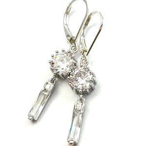 Modern CZ Baguette Bar Earrings - Clear CZ Minimalist Baguette And Teardrop Earrings With Sterling Silver Lever Backs - Free Shipping
