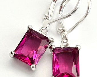Magenta Emerald Cut Crystal Earrings - Sterling Silver Lever Backs - Fuchsia Pink Rectangle Crystal Drops - Handmade - Free Shipping