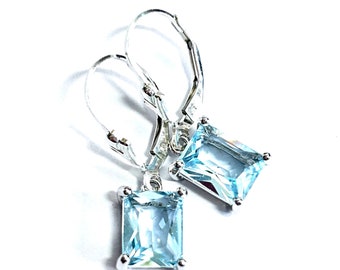 New- Pale Aqua Emerald Cut Crystal Earrings - Sterling Silver Fleur Lever Backs - Aquamarine Blue Rectangle Crystal Drops - Free Shipping