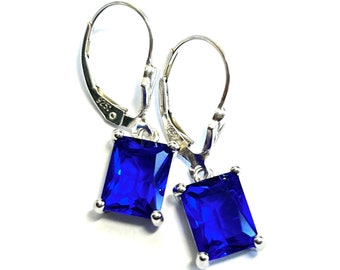 New - Emerald Cut Crystal Earrings In Cobalt Blue - Sterling Silver Fleur-de-Lis Lever Backs - Sapphire Blue Crystal Drops - Free Shipping