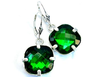 Vintage 80’s New Romantic Style Earrings In Emerald - OOAK - Green Cushion Cut Crystal Earrings - Sterling Silver Lever Backs -Free Shipping