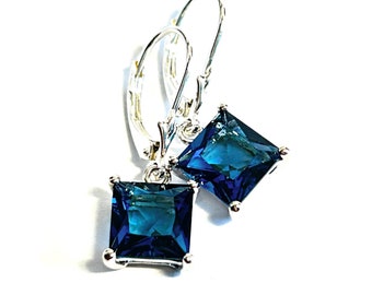 Princess Cut Crystal Earrings in Montana Sapphire Blue - Beautiful Blue Square Crystal Drops - Sterling Silver Lever Backs - Free Shipping