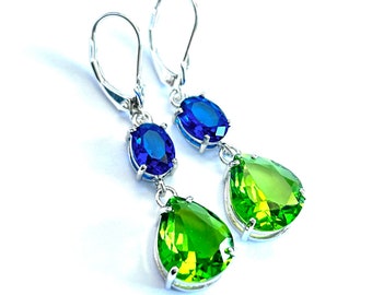 New - Sapphire And Peridot Crystal Teardrop Earrings - OOAK - Apple Green And Royal Blue Drops - Sterling Silver Lever Backs - Free Shipping