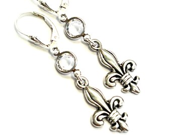 Vintage Swarovski Crystal Fleur-de-Lis Earrings - OOAK - Swarovski Crystal Links - Sterling Silver Fleur-de-Lis Lever Backs - Free Shipping