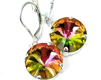 New - Pink Crystal Earrings - Crystal Rivoli Stones In Rose Vitrail Light -  Pink & Green - Sterling Silver Lever Backs - Free Shipping