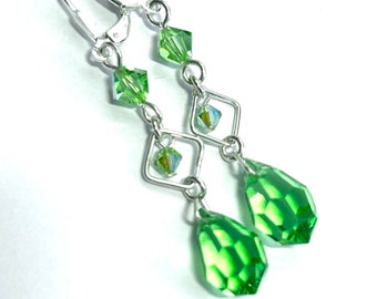 New - Vintage Swarovski Crystal Earrings In Peridot AB - OOAK - Green Teardrops -  All Sterling Silver - Silver Lever Backs - Free Shipping