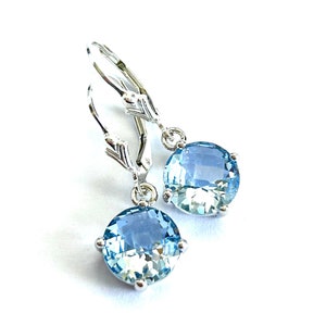 Pale Blue Round Cushion Cut Crystal Earrings - Sterling Silver Lever Backs - Sparkling Sheer Ice Blue Round Crystal Drops - Free Shipping