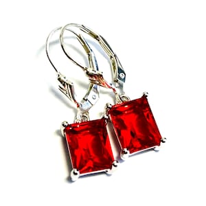 New - Emerald Cut Crystal Earrings In Bright Red - Sterling Silver Fleur-de-Lis Lever Backs - Light Siam Red Crystal Drops - Free Shipping