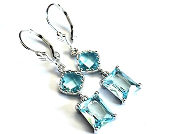 New - Emerald Cut Crystal Earrings In Pale Aqua - Sterling Silver Fleur-de-Lis Lever Backs - Aquamarine Blue Drop Earrings - Free Shipping
