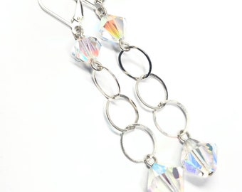 Chunky Chain Earrings - OOAK Sterling Silver and Swarovski Crystal in CrystalAB - Lever Backs - Free Shipping