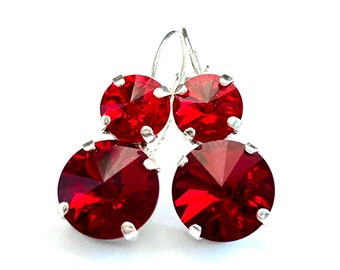 New - Vintage Swarovski Crystal Double Drop Lever Back Earrings In Red - Light Siam And Siam Red Rivolis - Silver Lever Backs -Free Shipping