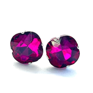 Fuchsia Cushion Cut Crystal Stud Earrings - 12mm Magenta Pink Square Crystal Silver Post Earrings - Hot Pink Crystal Studs - Free Shipping