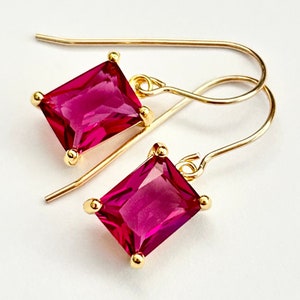 Fuchsia Emerald Cut Crystal Earrings - 14K Gold Filled Silver Long French Ear Wires - Magenta Pink Rectangle Crystal Drops - Handmade
