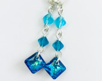 Blue Swarovski Crystal Princess Pendant Earrings - OOAK - Bermuda Blue And Aqua - Sterling Silver Lever Backs And Wire - Free Shipping