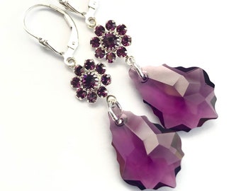 Vintage Swarovski Crystal Earrings - OOAK - Amethyst Crystal Baroque Drop And  Flower Earrings - Sterling Silver Lever Backs - Free Shipping