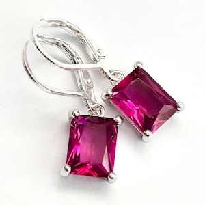 Magenta Emerald Cut Crystal Earrings - Sterling Silver Lever Backs - Fuchsia Pink Rectangle Crystal Drops - Handmade In SoCal
