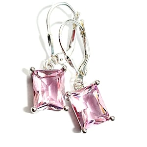 Light Pink Emerald Cut Crystal Earrings - Sterling Silver Lever Backs - Pale Pink CZ Rectangle Crystal Drops - Handmade - Free Shipping