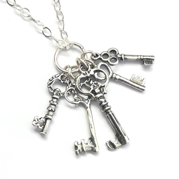 The Vintage Skeleton Key Cluster Charm Necklace - Five Key Pendant - All Sterling Silver - Free Shipping