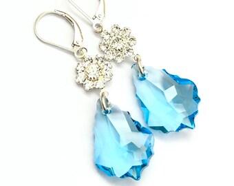 Vintage Swarovski Crystal Earrings In Blue - OOAK - Baroque Crystal Drop Earrings In Aqua Blue - Sterling Silver Lever Backs - Free Shipping