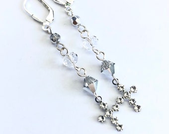 Vintage Swarovski Crystal Cross Earrings - OOAK - Clear Linear Crystal Beaded Silver Earrings - Sterling Silver Lever Backs - Free Shipping