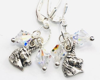 Crystal Unicorn Earrings - OOAK - Swarovski Crystal AB And All Sterling Silver Unicorn Earrings - Lever Backs - Free Shipping