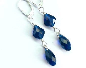 Vintage Swarovski Crystal Briolette Earrings In Dark Indigo - OOAK - Blue Sapphire Earrings - Sterling Silver Lever Backs - Free Shipping
